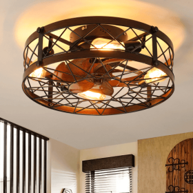 Cage Ceiling Fan With Light, Black, Recessed Ceiling Fan Light, Farmhouse Small Ceiling Fan With Light Fixture, Bedroom Reversible Fan - E26 Bulb
