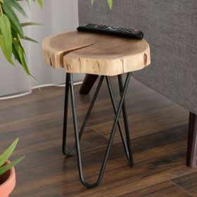 12" Acacia Wood End/Side Table, Living Room Accent Stool, Iron Hairpin Legs, Home D√©cor, Brown/Black