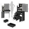 Small Space Left Bedside Cabinet Vanity Table + Cushioned Stool, Extra Large Touch Control Sliding LED Mirror, Tri-color Switching