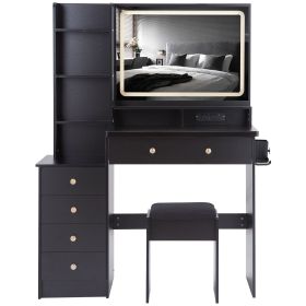 41" Large Size Left Bedside Cabinet Vanity Table+Cushioned Stool Dresser Set, 2 AC+2 USB Power Station, Hair Dryer Stand
