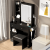 Small Space Left Drawer Desktop Vanity Table + Cushioned Stool, 2 AC+2 USB Power Station, Hair dryer bracket