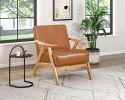 Modern Home Furniture Matt Brown Faux Leather Upholstered 1pc Accent Chair Cushion Back and Seat Natural Finish Solid Rubberwood