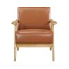Modern Home Furniture Matt Brown Faux Leather Upholstered 1pc Accent Chair Cushion Back and Seat Natural Finish Solid Rubberwood