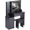 41" Large Size Left Bedside Cabinet Vanity Table+Cushioned Stool Dresser Set, 2 AC+2 USB Power Station, Hair Dryer Stand