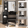 Small Space Left Drawer Desktop Vanity Table + Cushioned Stool, 2 AC+2 USB Power Station, Hair dryer bracket