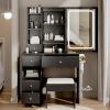 Small Space Left Drawer Desktop Vanity Table + Cushioned Stool, 2 AC+2 USB Power Station, Hair dryer bracket