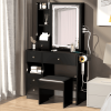 Small Space Left Drawer Desktop Vanity Table + Cushioned Stool, 2 AC+2 USB Power Station, Hair dryer bracket