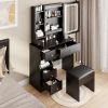 Small Space Left Drawer Desktop Vanity Table + Cushioned Stool, 2 AC+2 USB Power Station, Hair dryer bracket