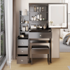 Small Space Left Bedside Cabinet Vanity Table + Cushioned Stool, Extra Large Touch Control Sliding LED Mirror, Tri-color Switching