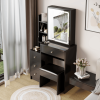 Small Space Left Bedside Cabinet Vanity Table + Cushioned Stool, Extra Large Touch Control Sliding LED Mirror, Tri-color Switching