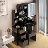 Small Space Left Bedside Cabinet Vanity Table + Cushioned Stool, 2 AC+2 USB Power Station, Hair dryer bracket