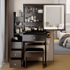 Small Space Left Bedside Cabinet Vanity Table + Cushioned Stool, 2 AC+2 USB Power Station, Hair dryer bracket