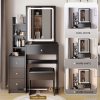 Small Space Left Bedside Cabinet Vanity Table + Cushioned Stool, Extra Large Touch Control Sliding LED Mirror, Tri-color Switching
