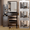 Small Space Left Bedside Cabinet Vanity Table + Cushioned Stool, 2 AC+2 USB Power Station, Hair dryer bracket