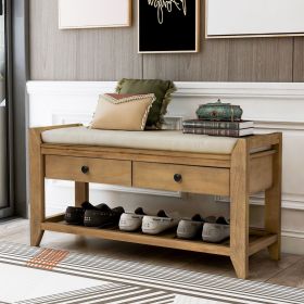 Shoe Rack with Cushioned Seat and Drawers,Multipurpose Entryway Storage Bench (Material: Solid Wood, Color: Old Pine)