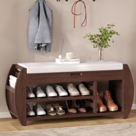 Retro Multifunctional Storage Bench with Cushion and Curved Side Panel for Entrance and Living Room (Material: MDF, Color: Espresso)