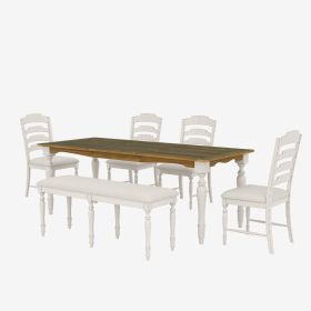 Vintage Traditional 6-Piece 82.7 inch Extendable Dining Table Set with 23.6 inch Removable Leaf, 50.4 inch Upholstered Dining Bench and 4 Chairs for 6 (Material: Rubber Wood, Color: Cream+Brown)